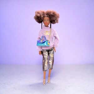 Lavender Sweater & Metallic Cropped Jeans Doll Outfit with luxury style  Bag